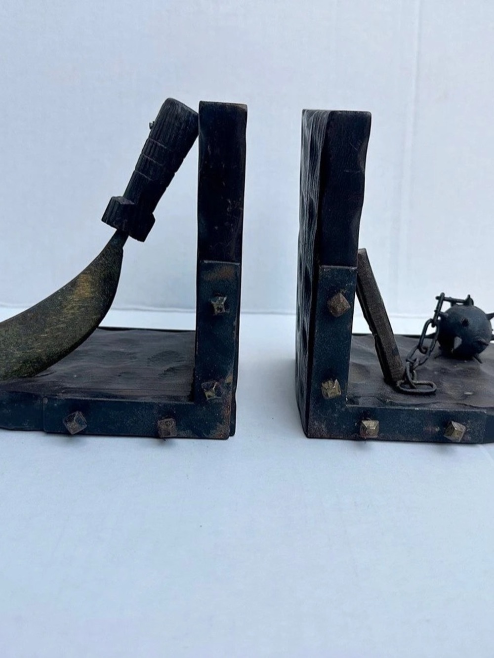 VTG Mid Century Medieval Weapon Wooden Bookend Set-Rustic Spanish Decor-Spain